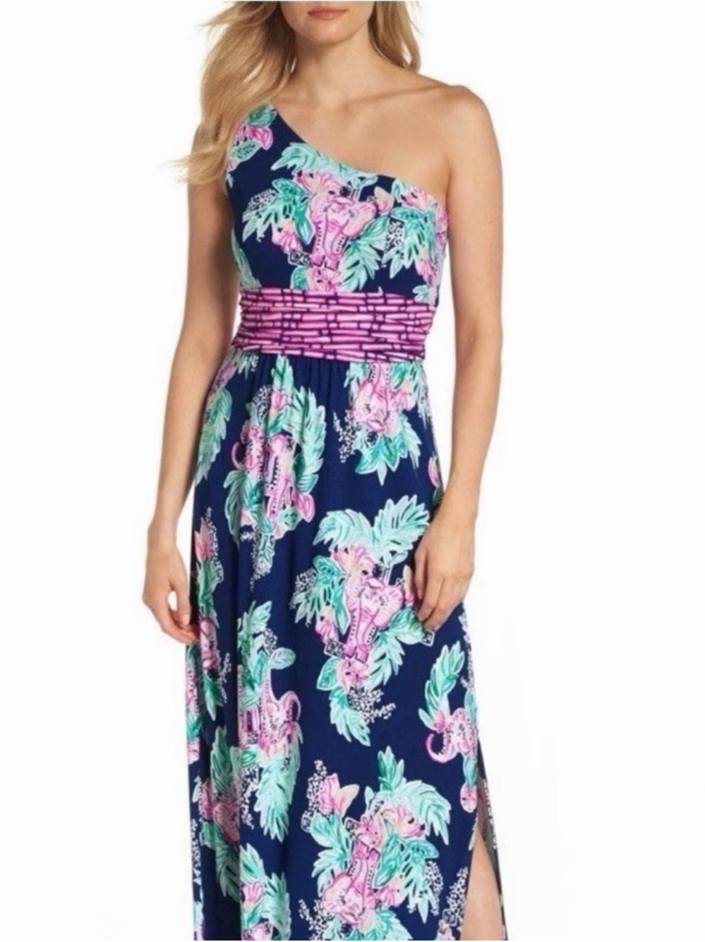 Lilly Pulitzer Navy One-Shoulder Floral Maxi with Pink & Mint